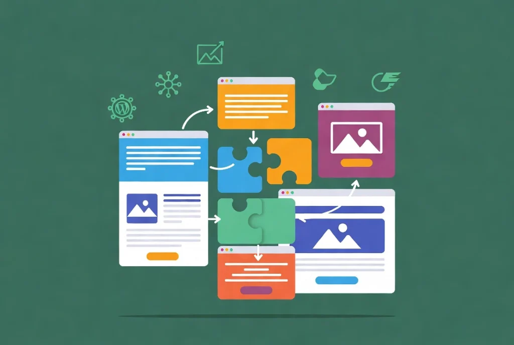 Modern WordPress block editor interface with modular draggable content blocks assembling full site layouts