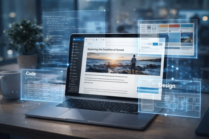 Digital drawing of a website layout with floating 3D WordPress logo and geometric interface elements.