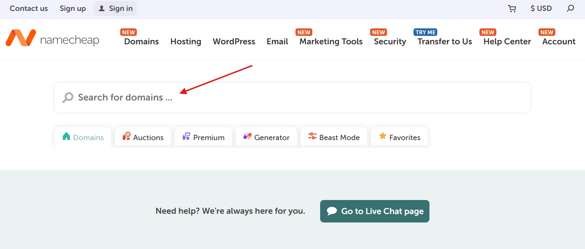 Namecheap domain search bar highlighted with red arrow on website homepage showing navigation and quick search field.