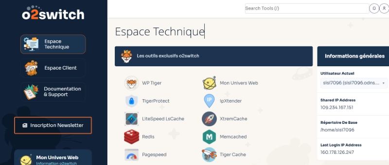 o2switch technical space page displaying exclusive tools like WP Tiger, LiteSpeed and general account information.