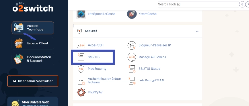 o2switch cPanel dashboard highlighting SSL/TLS option in Security section for Let's Encrypt certificate installation.
