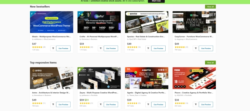 WordPress theme marketplace showing new bestsellers including Glozin WooCommerce theme and Crafto AI-powered multipurpose theme with prices and sales numbers.