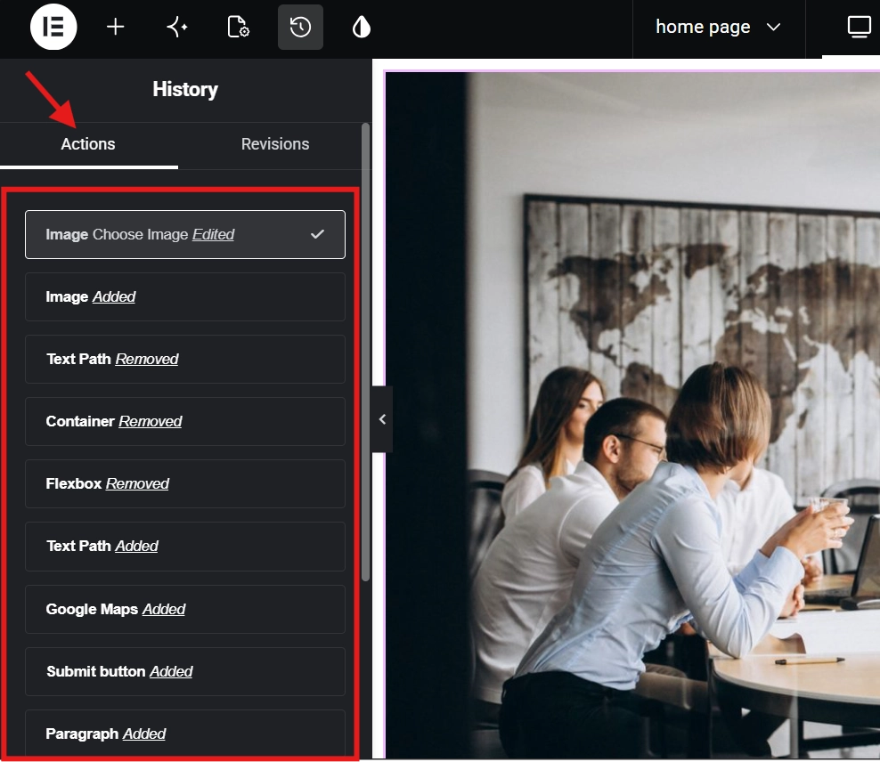 History actions panel with edit timeline, added and removed elements in website builder interface illustration
