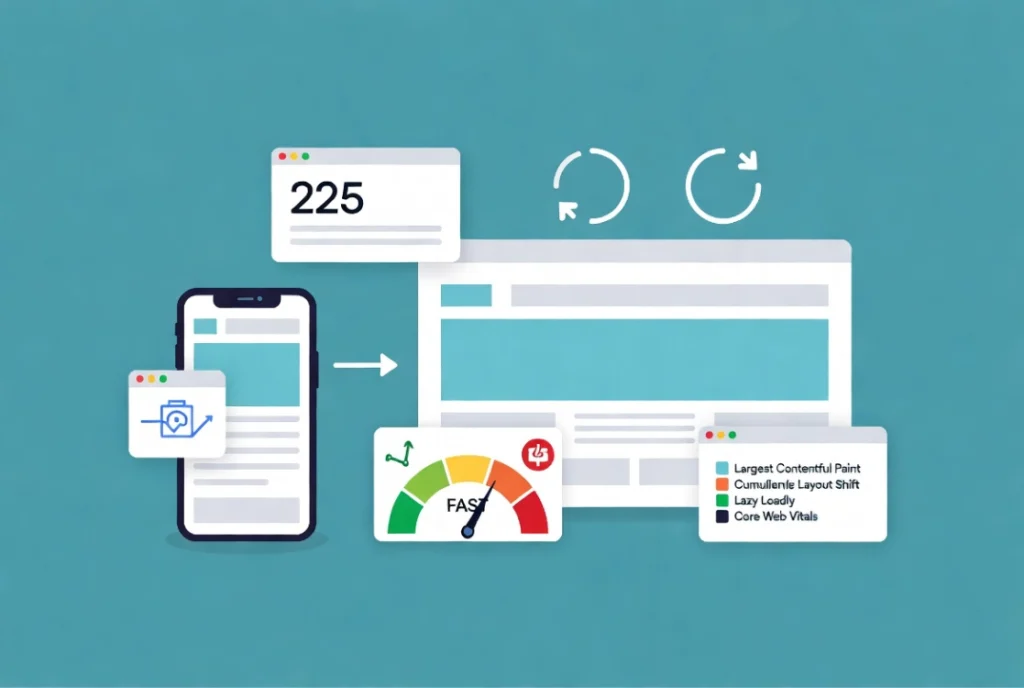Mobile responsive design and page speed optimization workflow with performance metrics on teal background