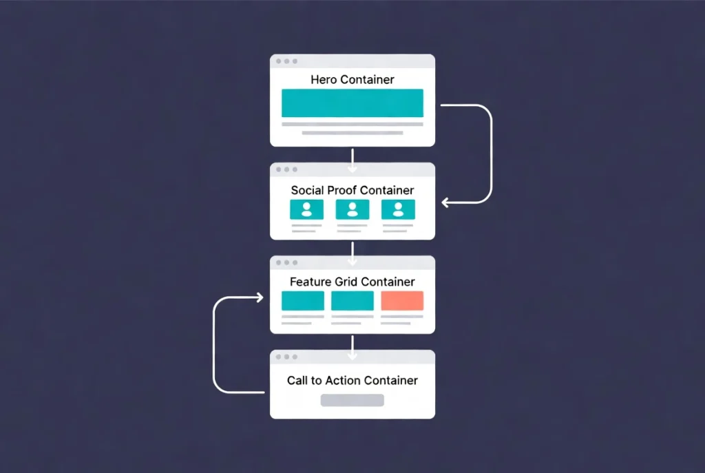 Flat vector illustration of structured webpage layout with hero social proof features and cta containers connected by flow arrows