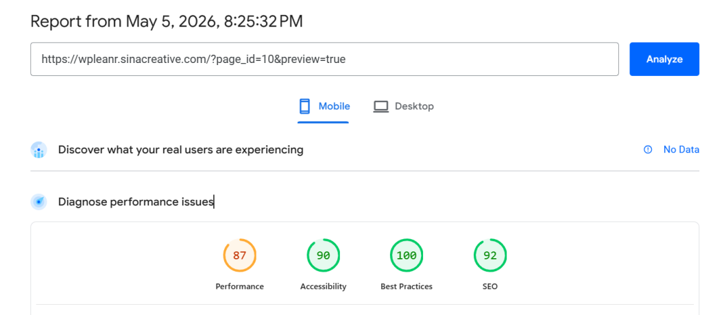PageSpeed Insights mobile report showing performance, accessibility, best practices, and SEO scores dashboard