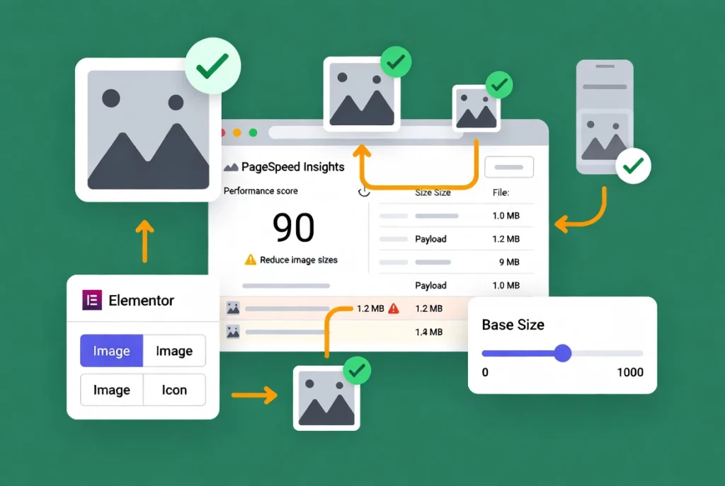 Flat vector illustration of website performance audit focusing on image optimization and sizing checks