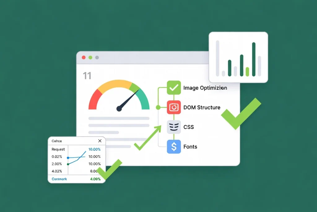 Performance audit illustration with Lighthouse report and optimization checklist workflow on green background