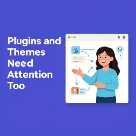 Woman gesturing toward a website interface layout highlighting management of plugins and themes for site health.