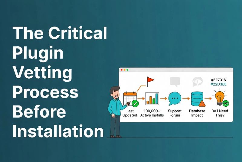 Friendly teacher explaining WordPress plugin vetting workflow with flowchart and icons
