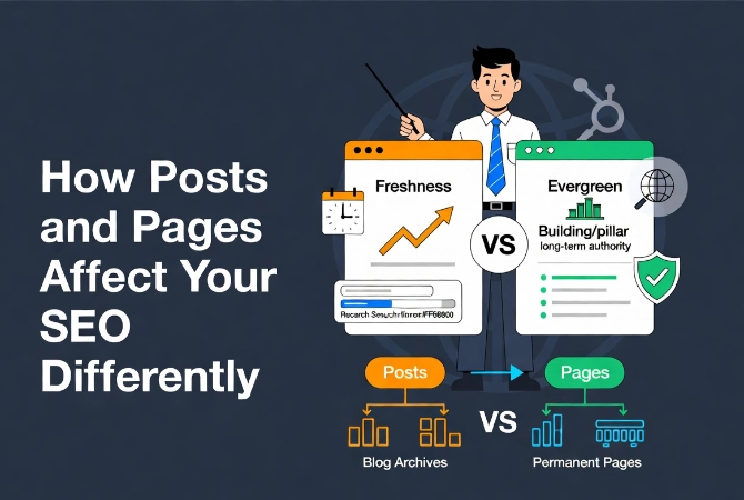 Friendly cartoon instructor pointing at side-by-side comparison showing how WordPress posts and pages impact SEO differently with freshness and authority icons