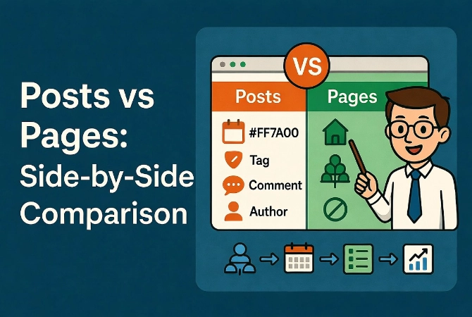 Friendly cartoon teacher with pointer presenting side-by-side comparison chart of WordPress posts versus pages with icons and workflow arrows