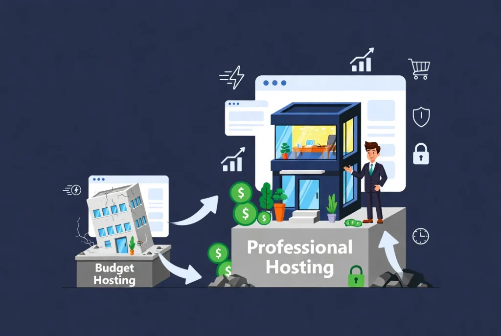 Modern website building on strong professional hosting foundation with revenue growth icons and weak budget alternative