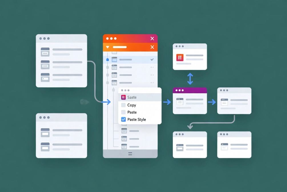 Elementor Navigator showing drag reordering of sections and paste style workflow for consistent design elements.