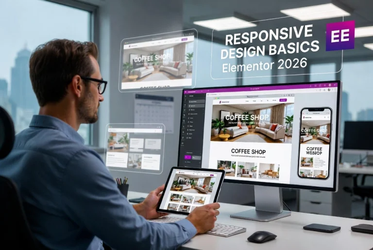 Man working on responsive Elementor website design across multiple devices in modern office