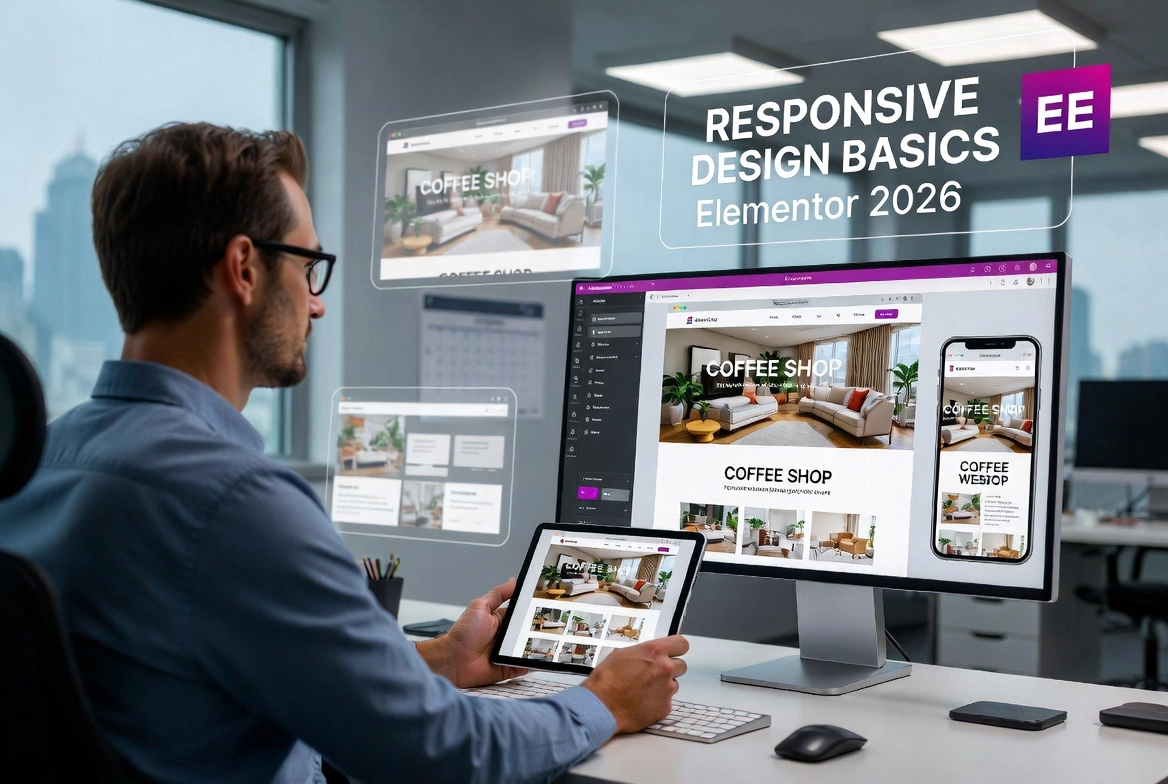 Man working on responsive Elementor website design across multiple devices in modern office