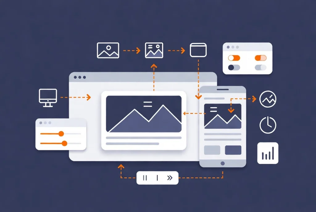 Flat vector illustration of responsive image controls showing desktop and mobile optimization in web design
