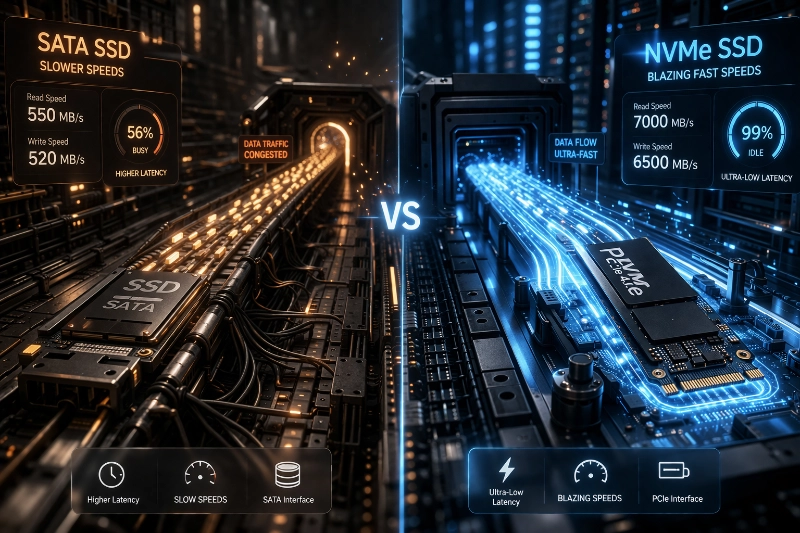 SATA SSD and NVMe M.2 drive comparison highlighting form factor differences and data transfer speeds.