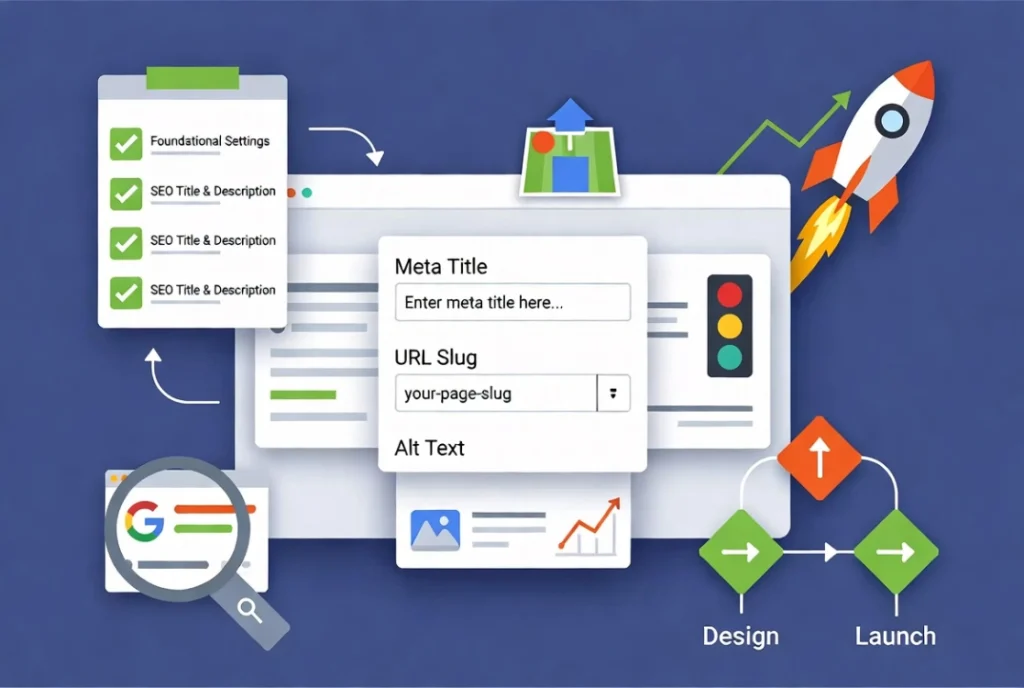 Website interface showing SEO settings panels with meta fields and checklist before site launch