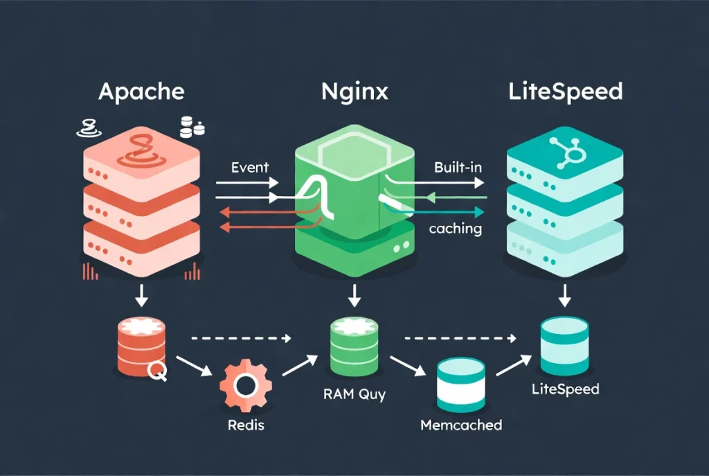 Flat vector server architecture diagram comparing Apache Nginx and LiteSpeed with object caching flows