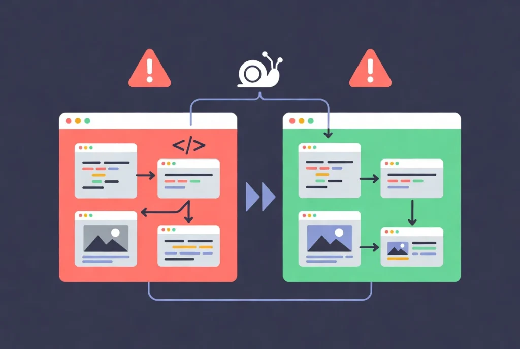 Slow coding versus fast visual builder comparison with complex code loops on left and simple direct workflow on right