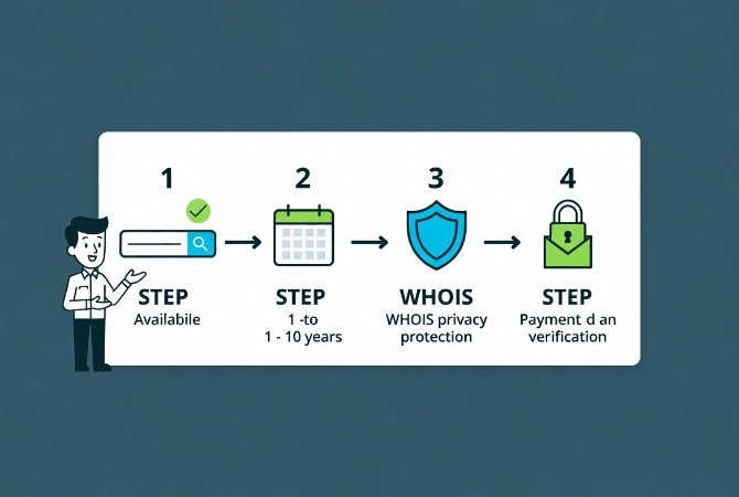 Flat vector illustration of friendly man guiding through step-by-step domain registration process with search, terms, WHOIS privacy and secure purchase steps.