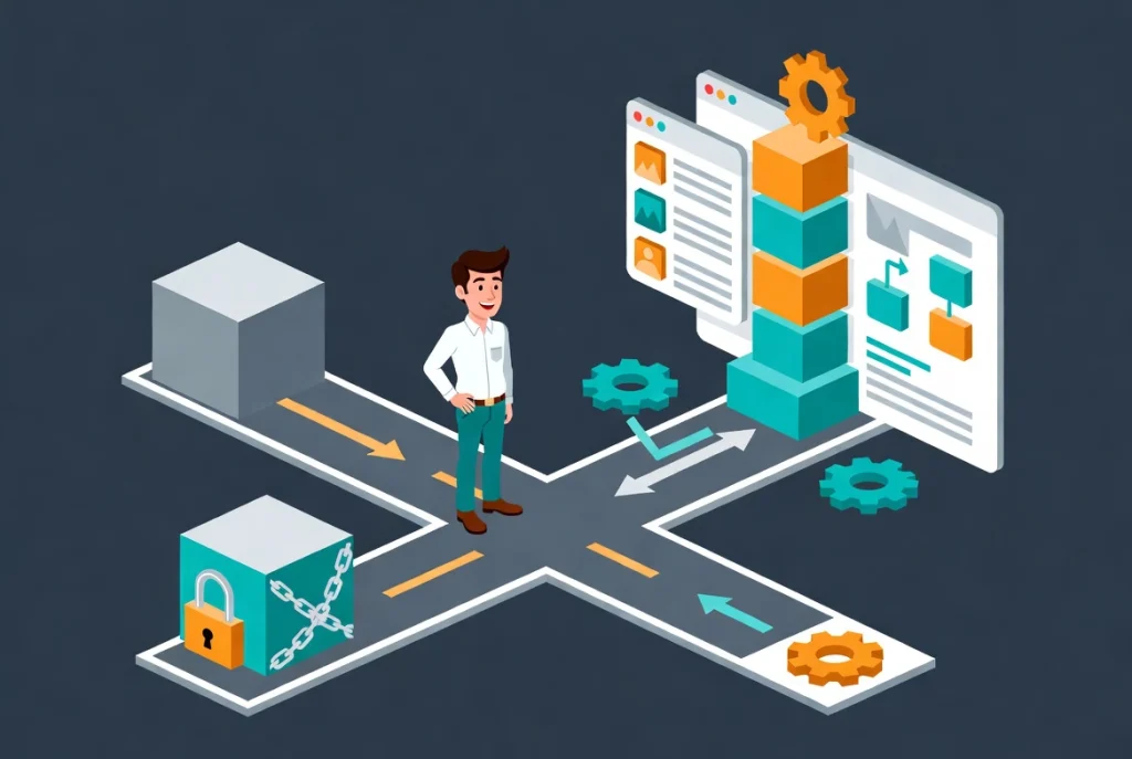 Professional choosing open customizable website platform over locked alternative in flat vector style
