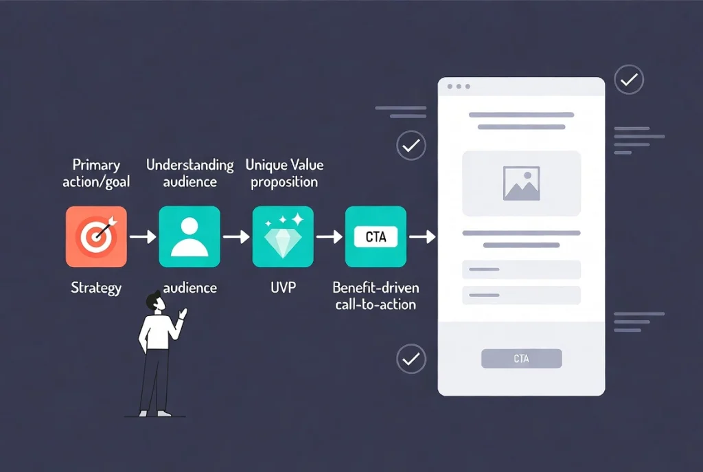 Four strategic questions guide landing page wireframe in flat vector flow chart