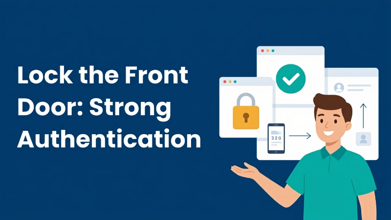 Graphic illustrating two-factor authentication with a man presenting a mobile security code and digital lock icons.