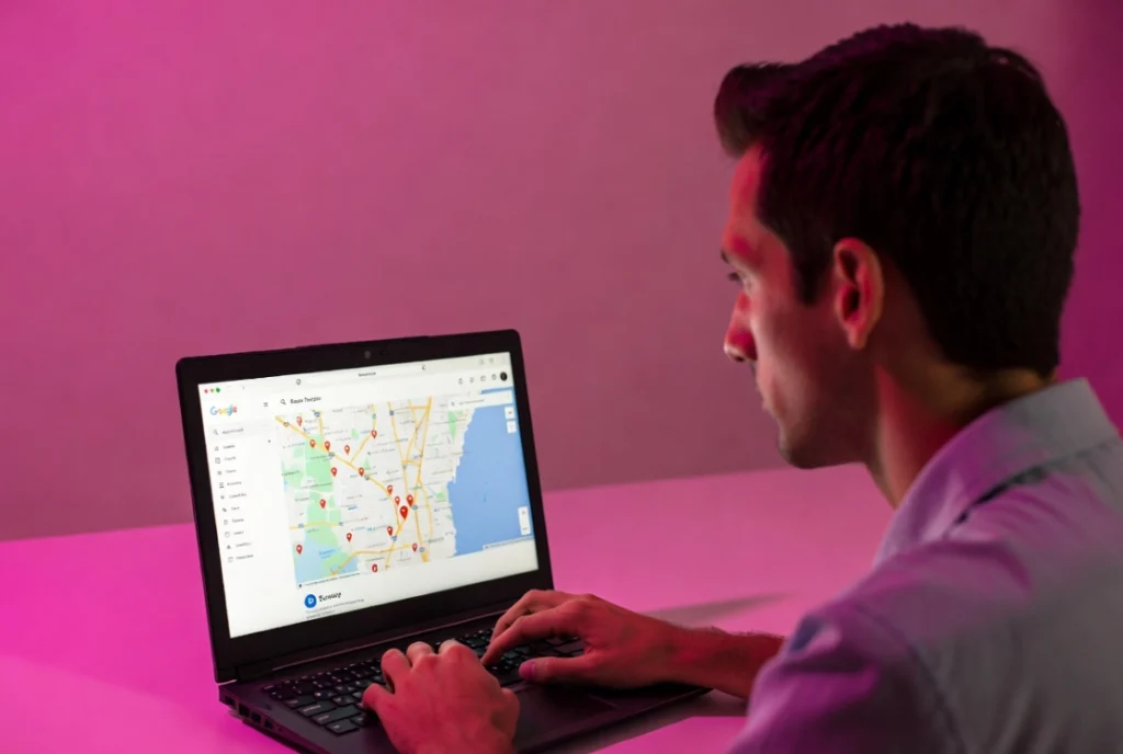 Freelancer at desk editing Google Maps landing page built in Elementor under pink studio lighting