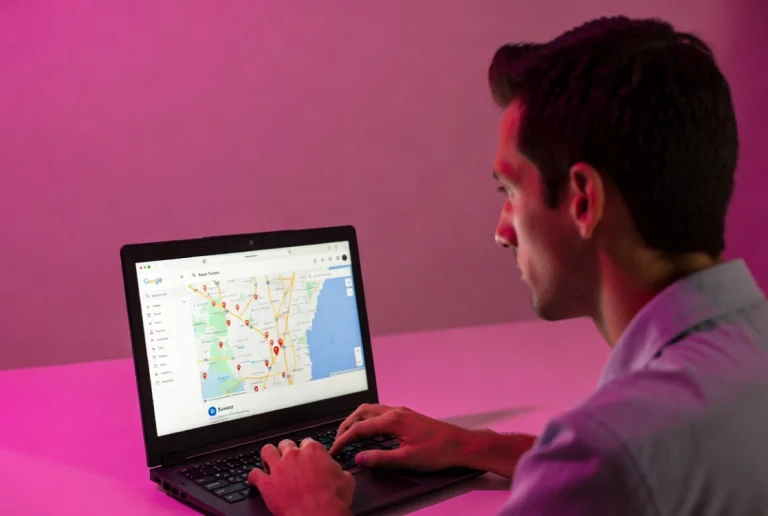 Freelancer at desk editing Google Maps landing page built in Elementor under pink studio lighting
