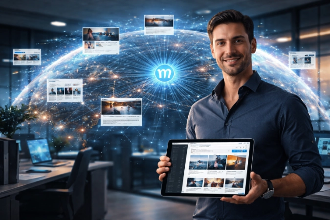 Man in professional WordPress attire surrounded by a holographic network of tech icons and glowing connection lines.