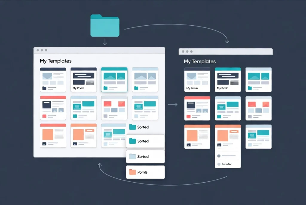 Organized My Templates panel with consistent naming next to cluttered disorganized version in flat vector style