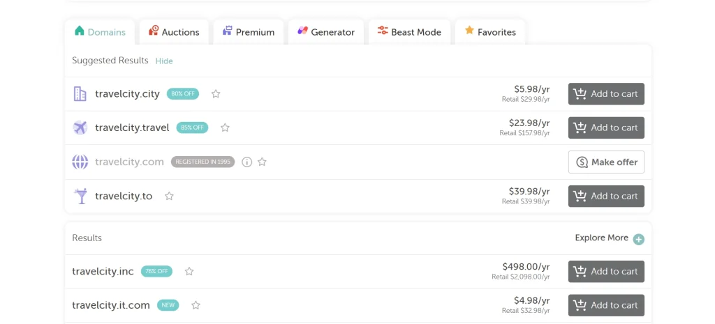 Domain search results page displaying travelcity domain name variations with pricing and add to cart options in a clean interface.