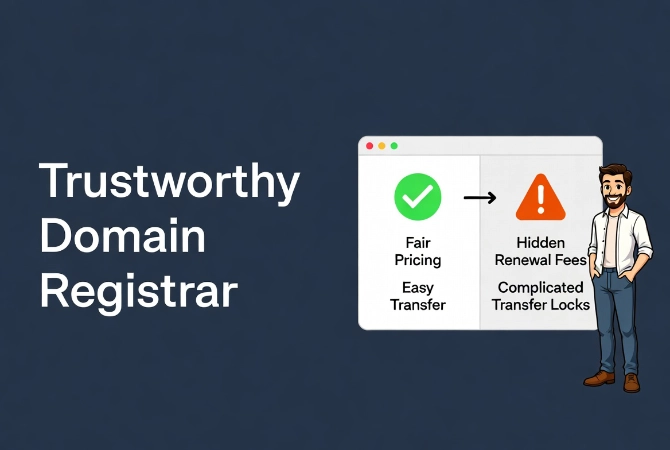 Trustworthy Domain Registrar title next to flat vector illustration of friendly man comparing good registrar with fair pricing versus hidden fee traps.