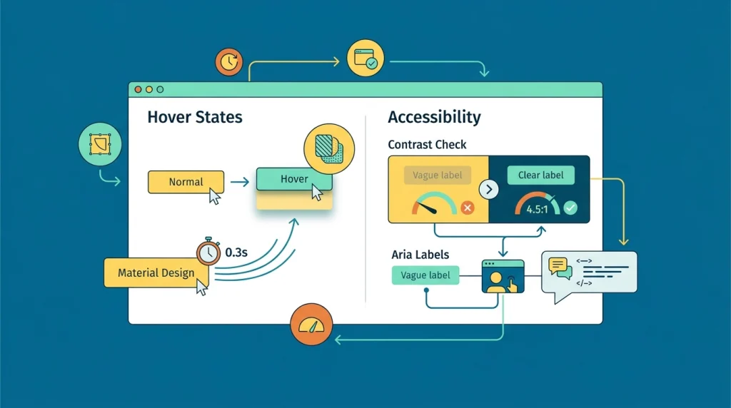 Infographic diagram showing UI hover states and accessibility guidelines with contrast checks and ARIA labels