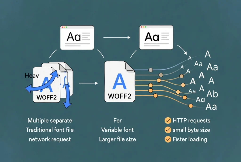 Variable font single file reducing multiple traditional font requests in web performance illustration