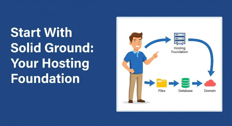 Illustration of a man explaining web hosting infrastructure including servers, files, databases, and domain connections.