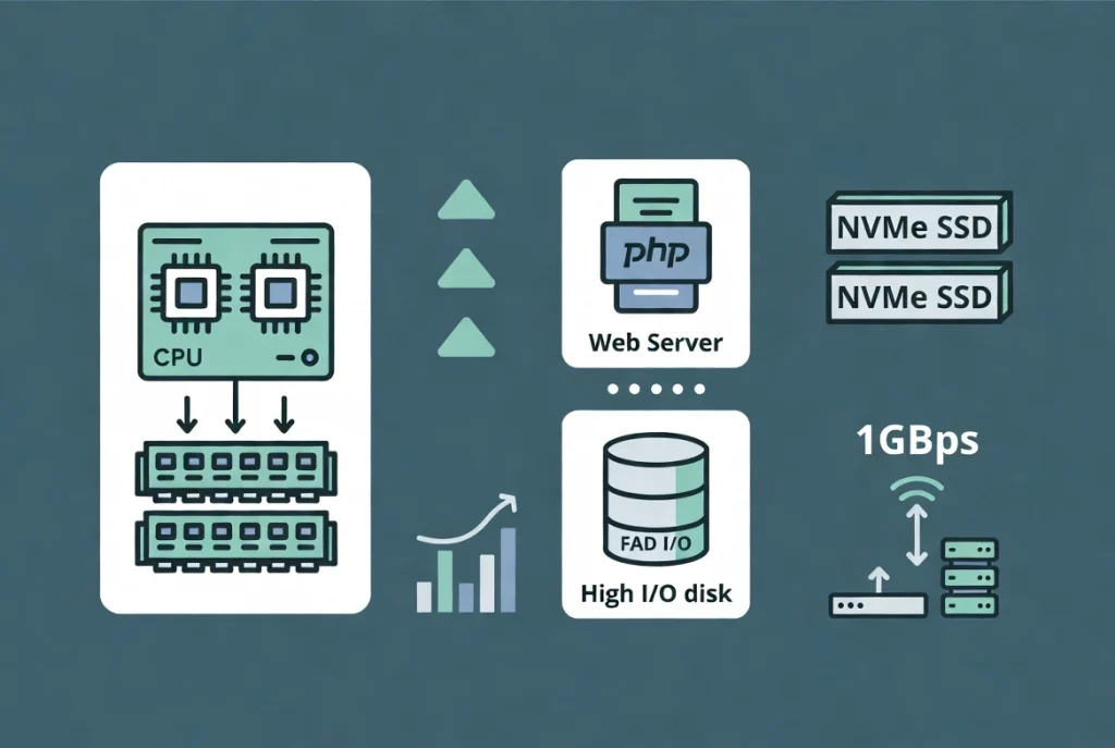 Server hardware resources illustration with CPU RAM storage icons and split architecture workflow for business websites