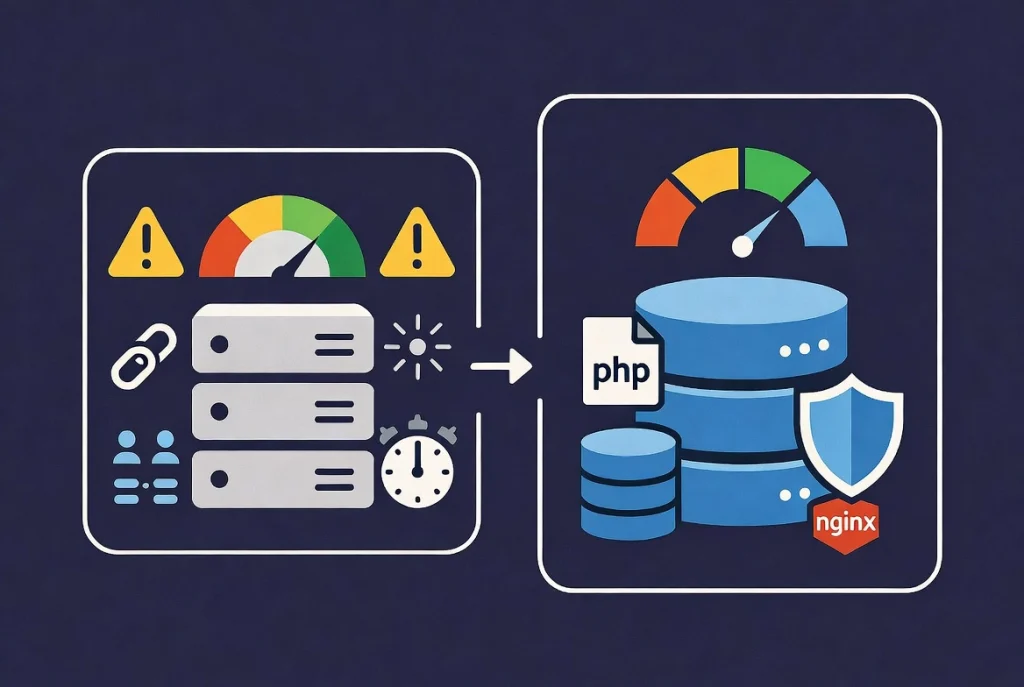 Performance gap illustration contrasting slow outdated web server versus fast modern optimized hosting stack with workflow arrows
