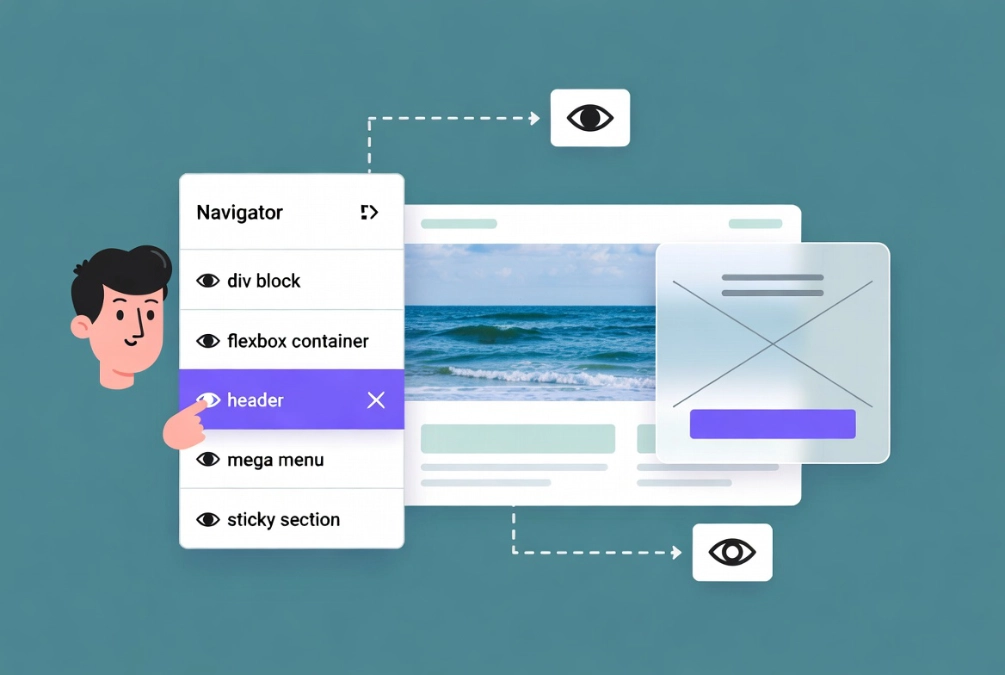 Flat vector illustration of website builder navigator with eye icons toggling element visibility in editor