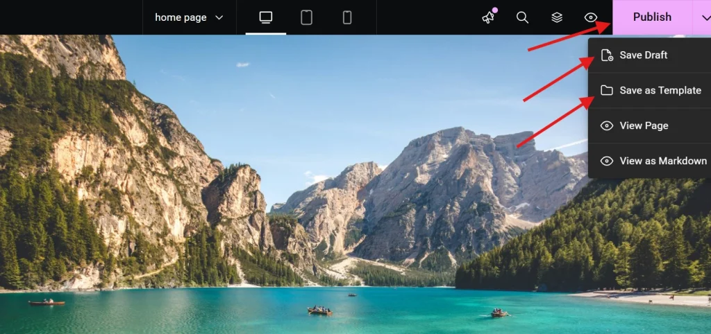Website builder interface showing publish menu options with scenic mountain lake background