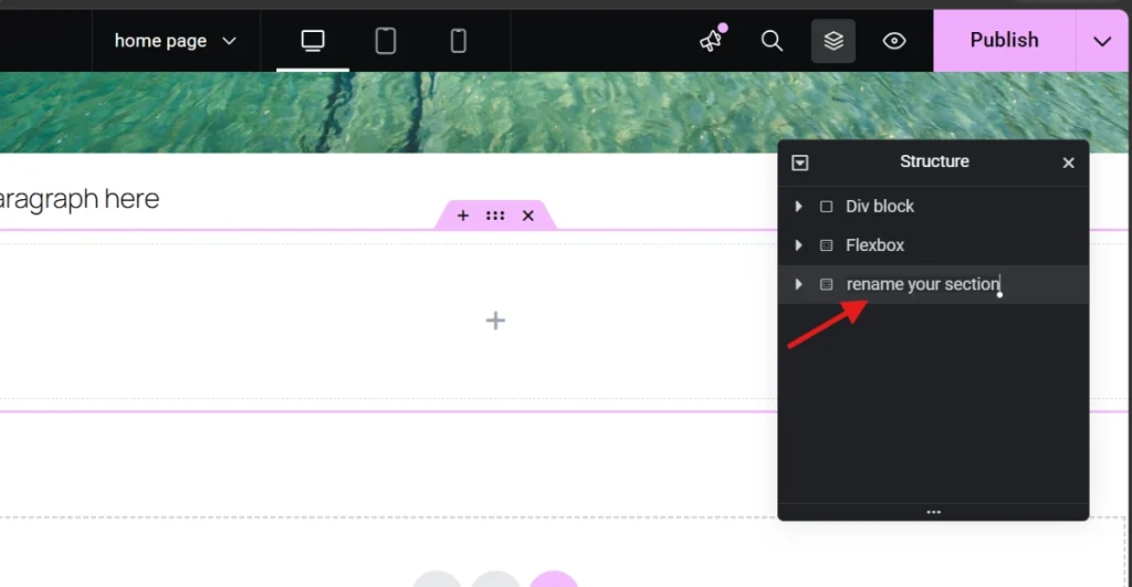 Website builder structure panel with rename your section option highlighted by red arrow