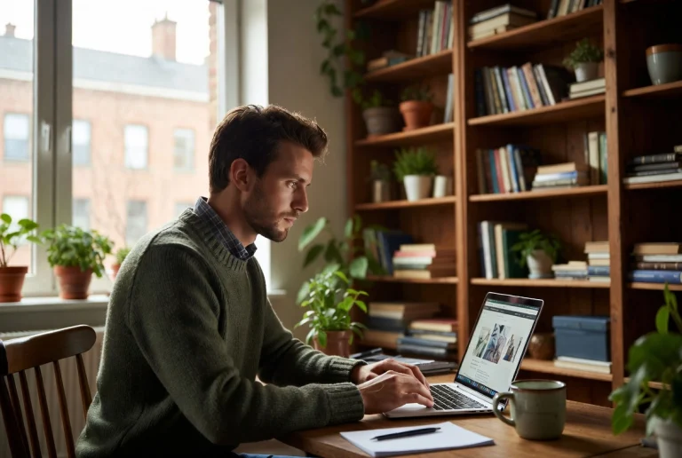 Bearded man in green sweater working on laptop website design in sunlit home office with bookshelves and plants
