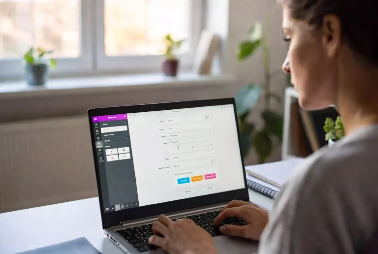 Woman setting up global colors and fonts in Elementor on laptop in home office