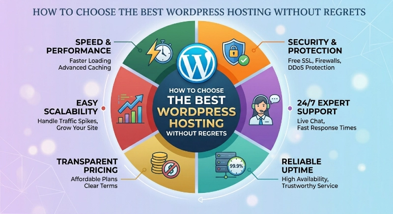 Glowing blue 3D WordPress logo centered in a dark digital space with floating geometric shapes and light trails.