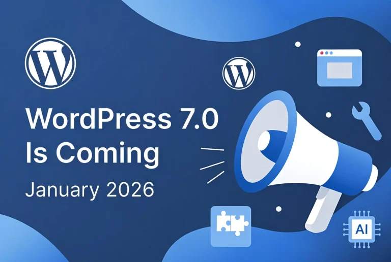 WordPress 7.0 announcement graphic with megaphone and January 2026 date