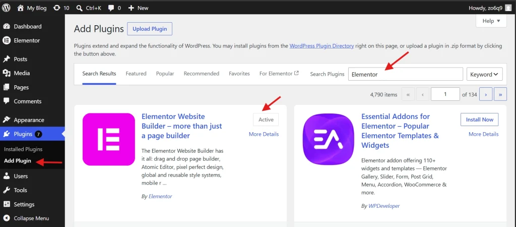 A WordPress dashboard screenshot showing the Add Plugins page with Elementor typed in the search bar and the Elementor Website Builder plugin marked as active.