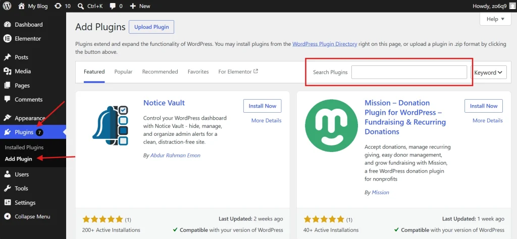 WordPress add plugins page showing search bar and sidebar navigation to install from directory or upload zip