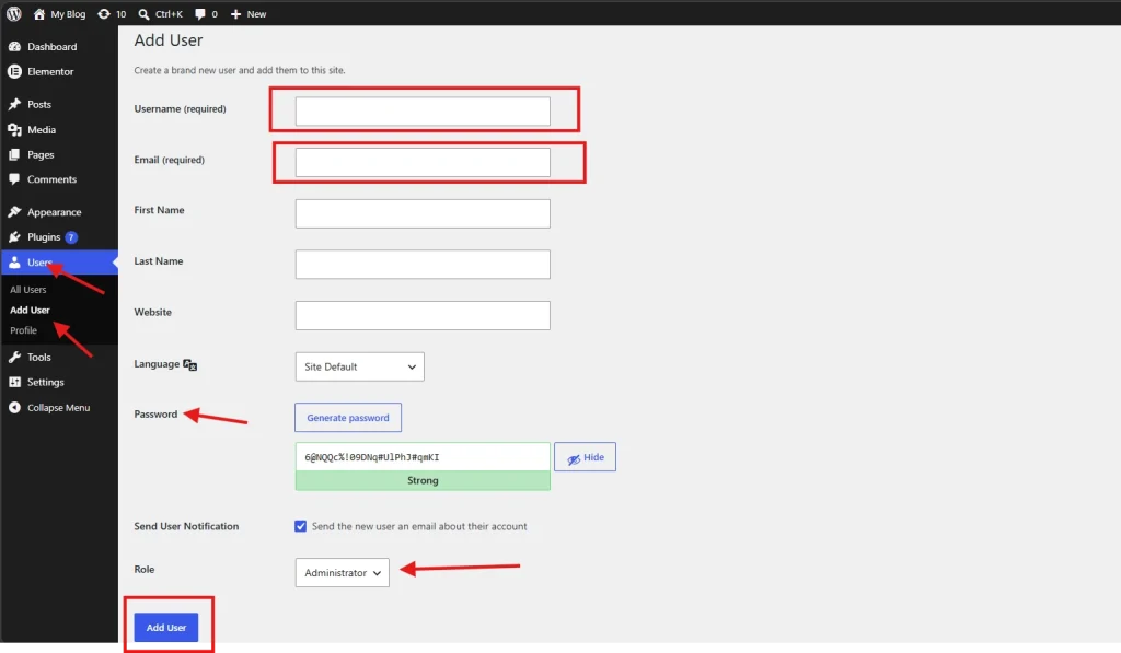 WordPress add user form highlighting required username email fields and administrator role selection